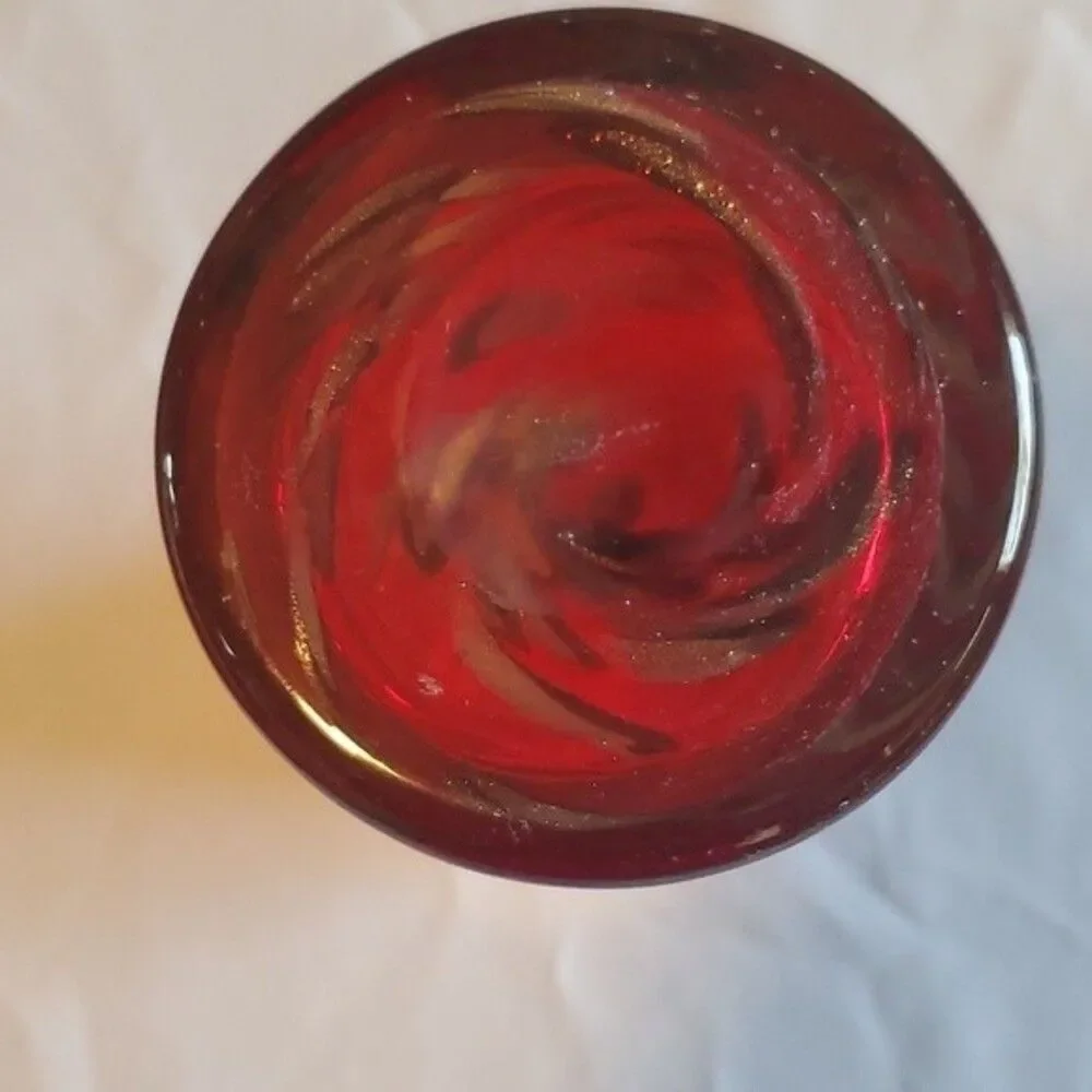 Art Glass Vase | Red with Gold & Black Swirls | Studio-Style Hand Blown MCM
